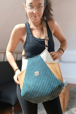 Sac Tulipe Bleu pétrole, camel et lin enduit