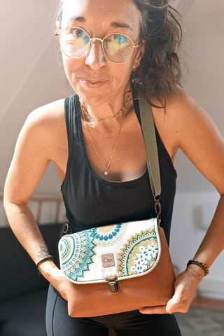 Rabat Mini - suédine lissée camel et mandalas verts