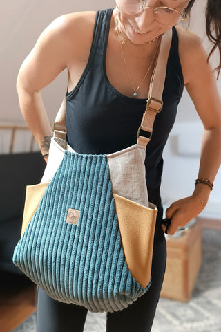 Sac Tulipe Bleu pétrole, camel et lin enduit