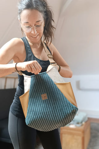 Sac Tulipe Bleu pétrole, camel et lin enduit
