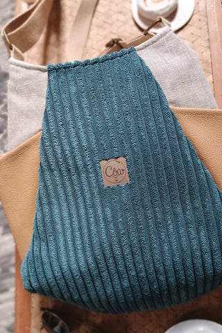 Sac Tulipe Bleu pétrole, camel et lin enduit