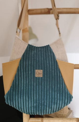 Sac Tulipe Bleu pétrole, camel et lin enduit