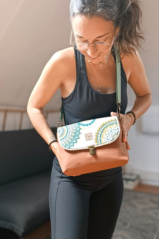 Rabat Mini - suédine lissée camel et mandalas verts